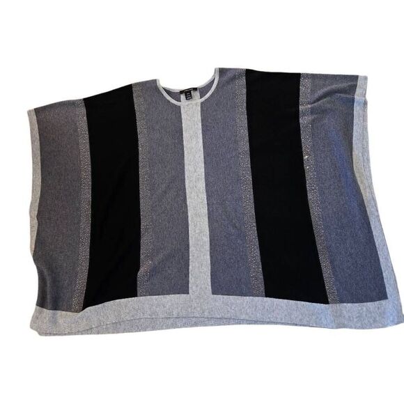 Alison Sheri Womens Poncho Style Gray Black Metallic Color Block Pullover Sweate - Picture 3 of 12